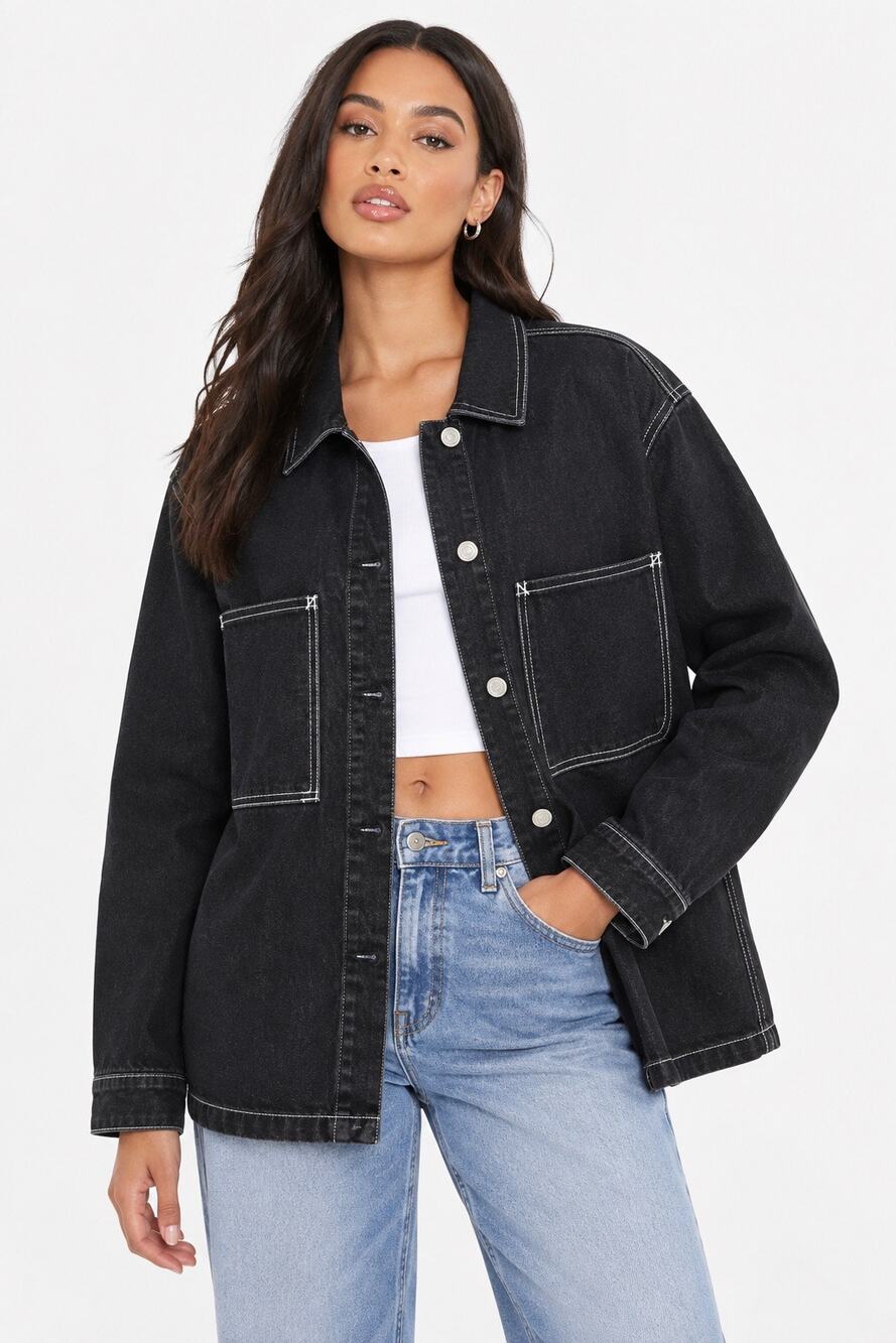 Boohoo Denim Chore Jacket US 16 Black Contrast Stitch Workwear Oversized
